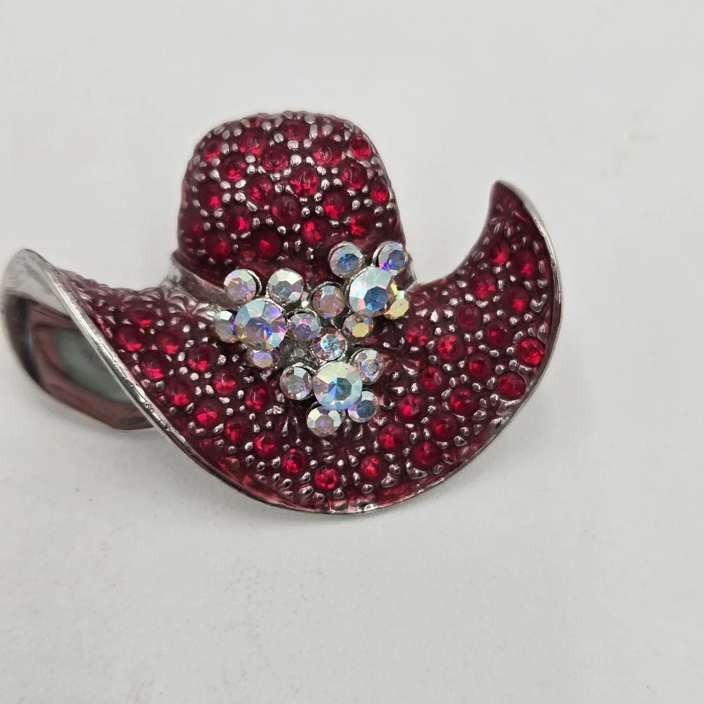 Rhinestone Red tg Brooch Pin Cowboy Hat Red Hat‎ Society UNMARKED